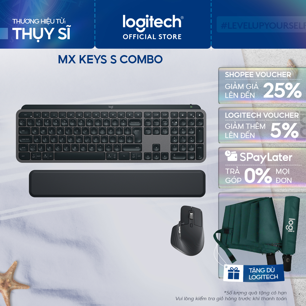 Combo Chuột & Bàn Phím Bluetooth không dây Logitech MX Keys S Combo - Có gác tay, Chiếu sáng, USB-C