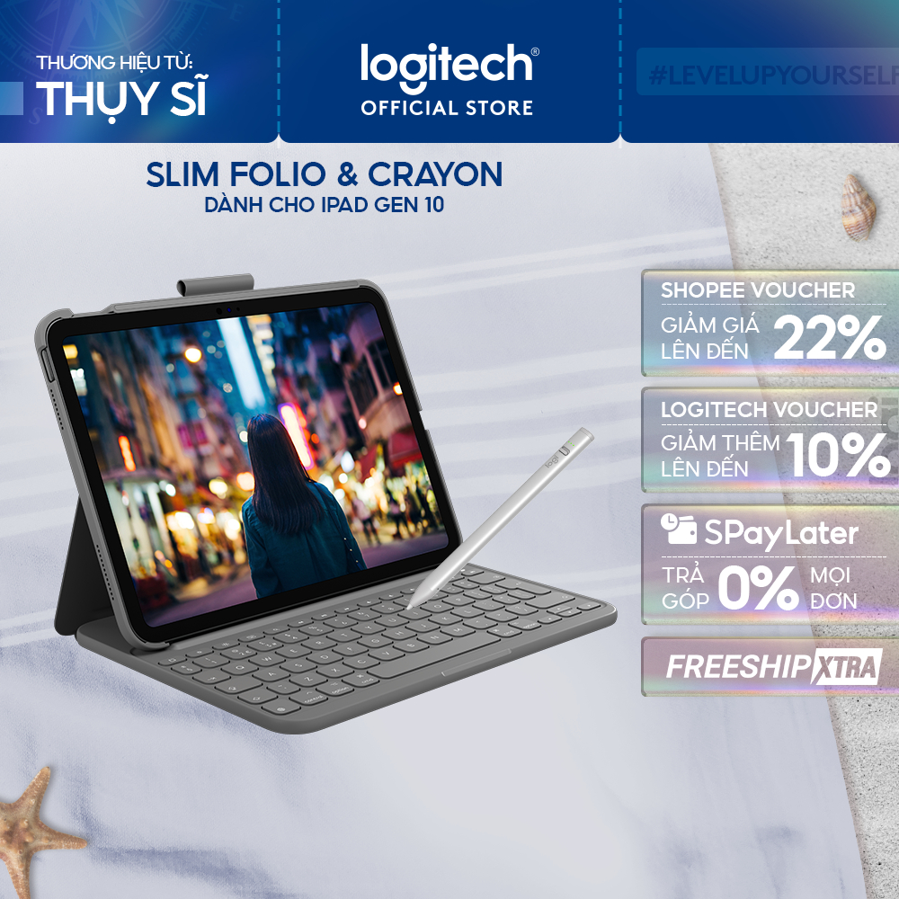 Bao da kèm phím Logitech Slim Folio cho iPad Gen 10 (10.9 inch) & Bút cảm ứng Logitech Crayon