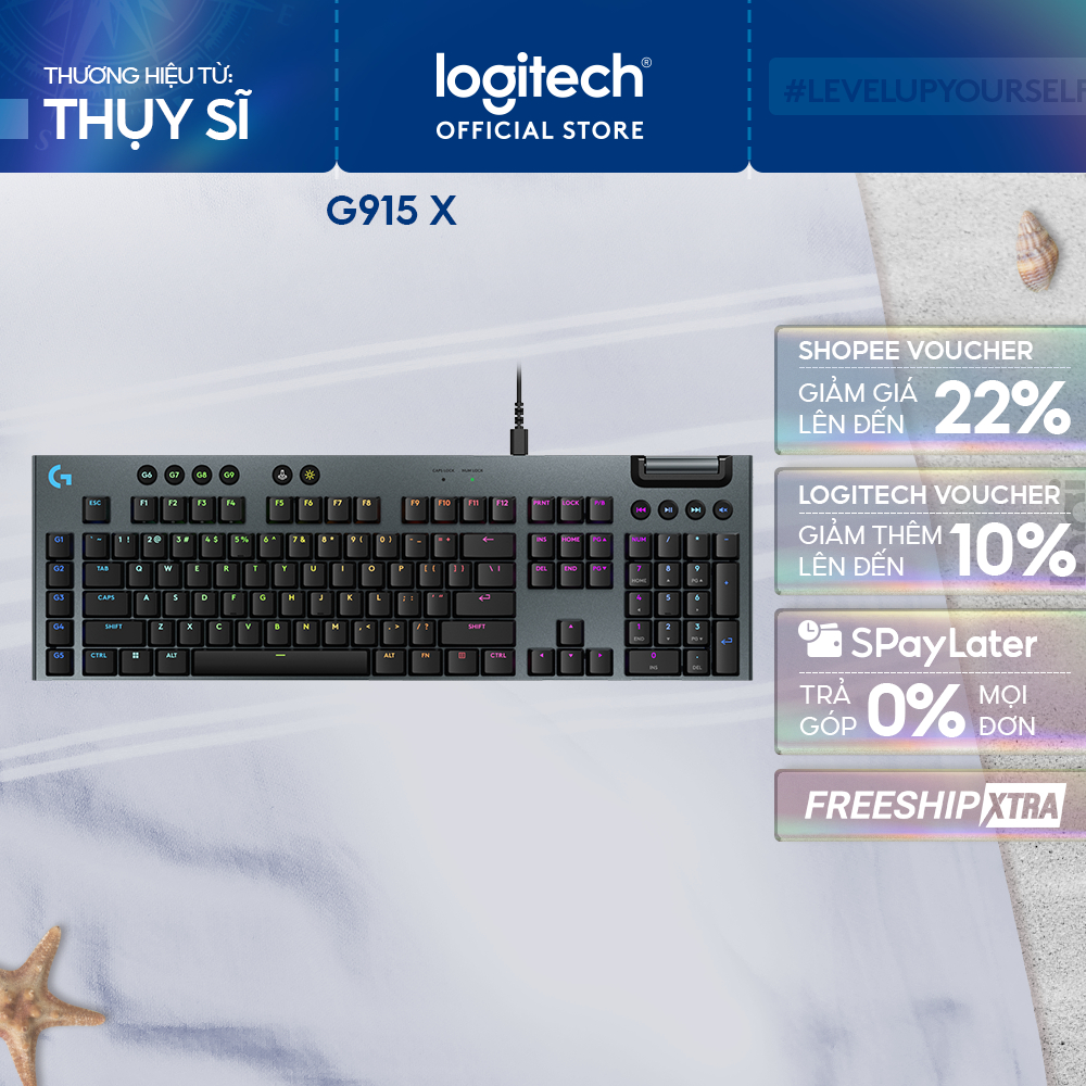 Bàn phím cơ Gaming có dây Lowprofile Logitech G G915 X Fullsize, Mũ phím PBT, nút lập trình, RGB