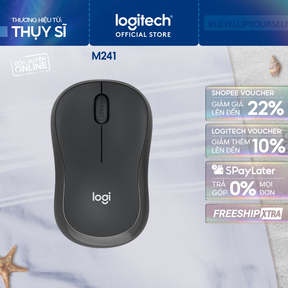 Chuột Bluetooth Logitech M241 Silent - Không dây, Nhỏ gọn, Tương thích Windows, macOS