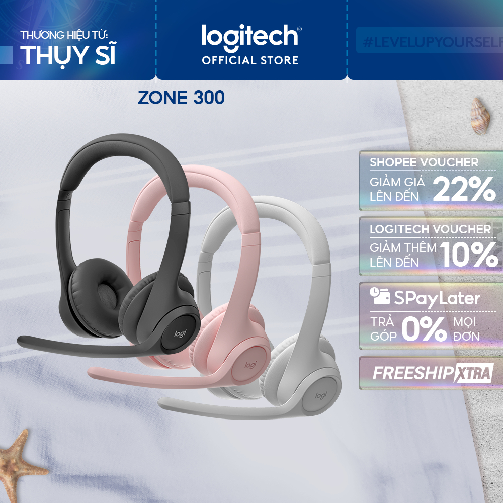 Tai nghe Bluetooth không dây Logitech Zone 300 - Micrô khử ồn, Windows, Mac