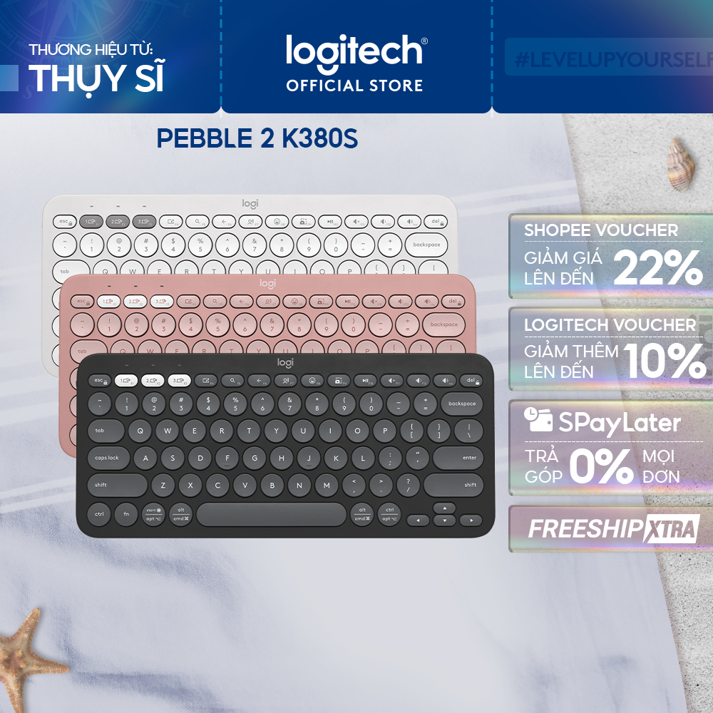 Bàn phím không dây Bluetooth Logitech Pebble K380 | K380s - giảm ồn, gọn nhẹ, đa thiết bị, Mac/ PC