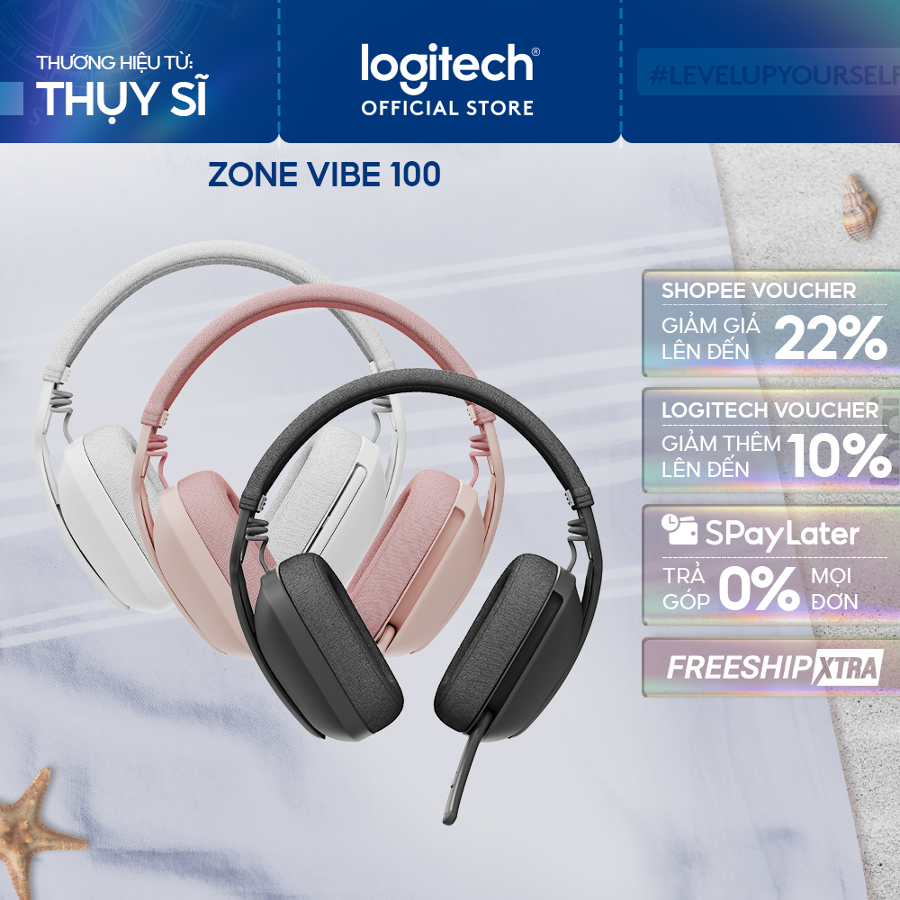 Tai nghe không dây Logitech Zone Vibe 100 - Nhẹ, micrô khử ồn, Bluetooth đa điểm, Google Meet, Zoom