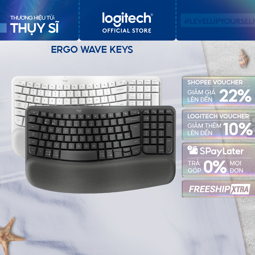 Bàn phím không dây công thái học Logitech Wave Keys - Kết nối Bluetooth, Gác tay, Windows, MacOs