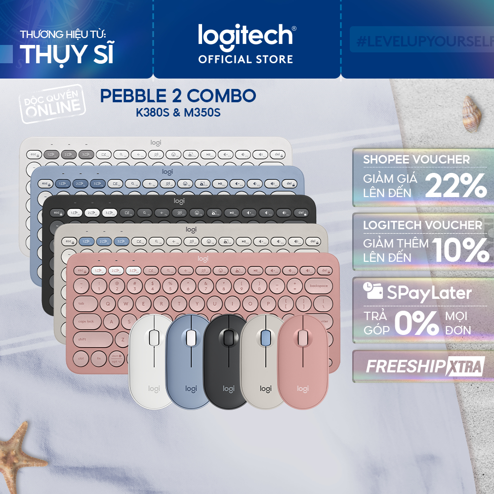 Pebble 2 Combo, Bàn phím Bluetooth Logitech K380s và chuột Logitech M350s - Yên tĩnh,  Easy-Switch