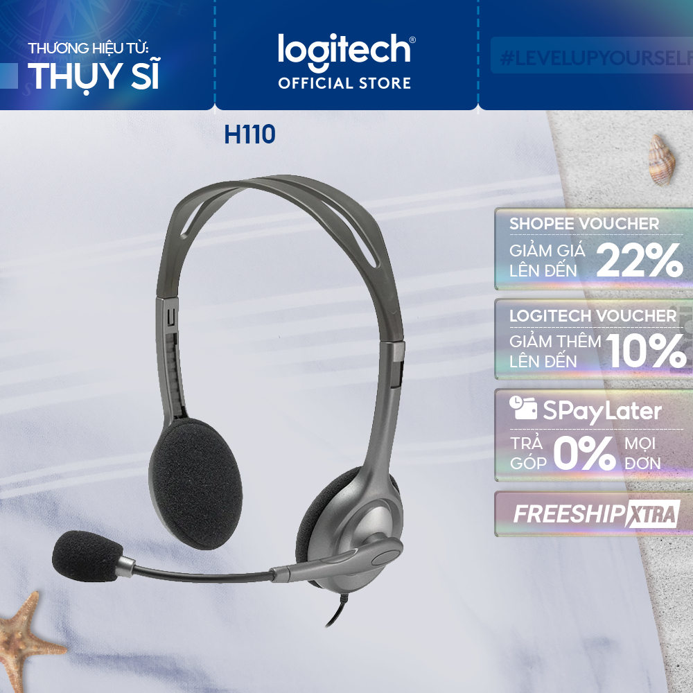 Tai nghe có dây Logitech H110 - Đen xám, micro khử tiếng ồn, âm thanh nổi