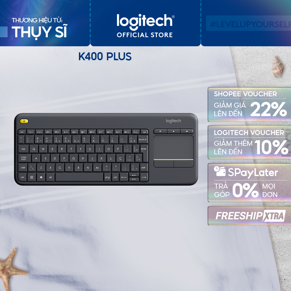 Bàn phím không dây Logitech K400 Plus, có touchpad để kết nối PC - TV, Laptop