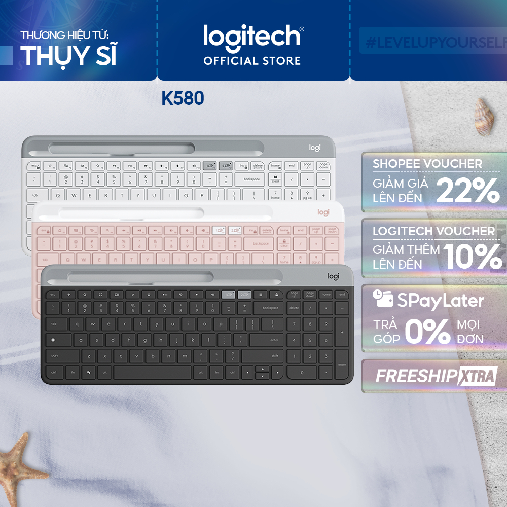 Bàn phím không dây Bluetooth Logitech K580 - Kết nối đa thiết bị, mảnh gọn, PC/ iPad