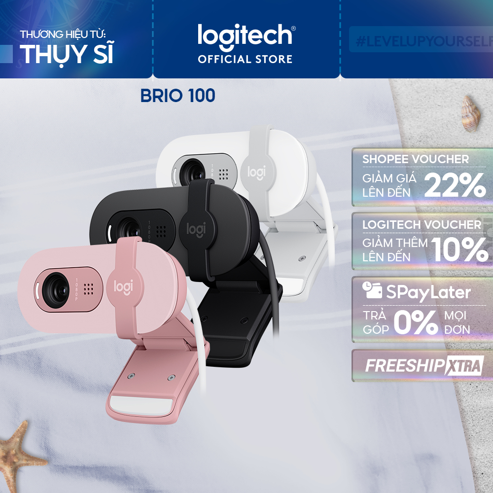Webcam Full HD Logitech Brio 100 - Cân bằng ánh sáng, Mic, Màn chập, USB-A, Google Meet, Zoom