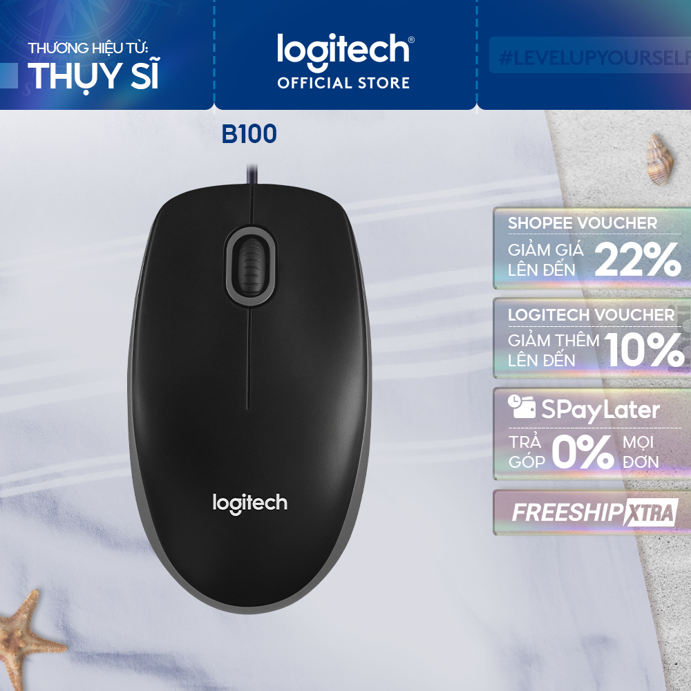 Chuột có dây Logitech B100 - Dây dài 1m8, thiết kế ôm tay, thuận cả 2 tay
