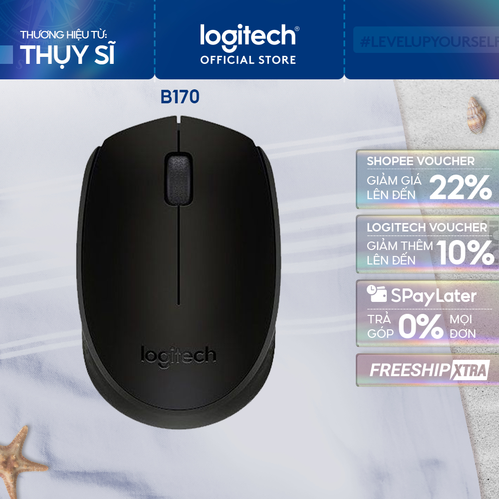 Chuột không dây Logitech B170 - USB, nhỏ gọn, thuận cả 2 tay, phù hợp PC/Laptop