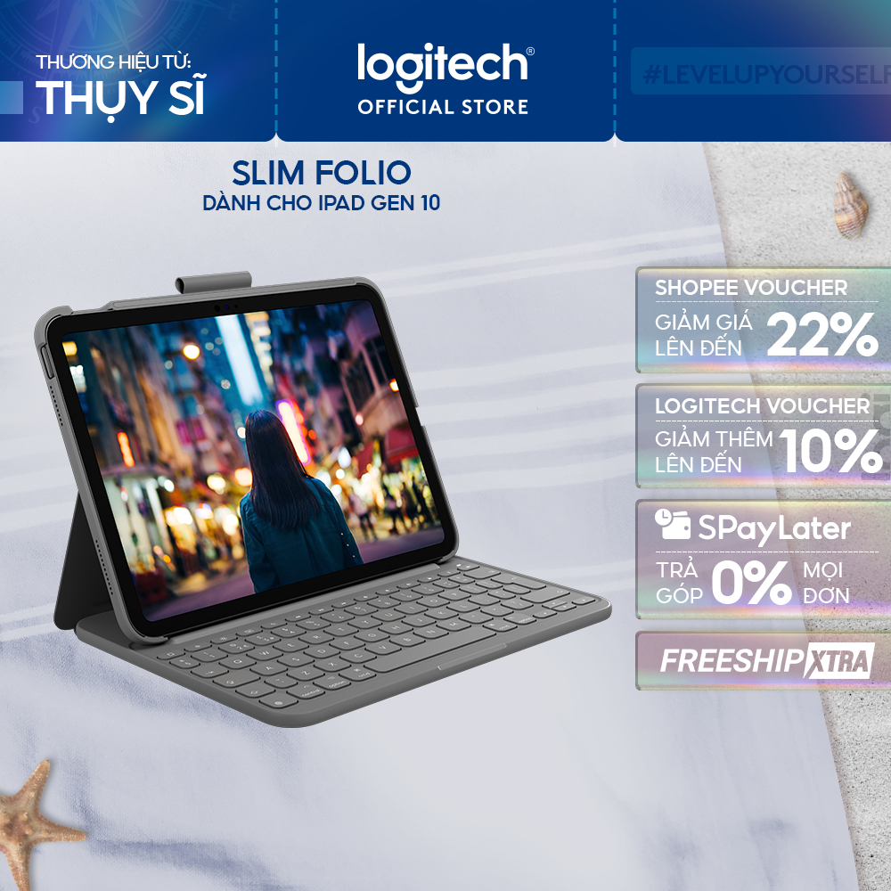 Bao da case kèm phím Logitech Slim Folio dành cho iPad Gen 10 (10.9 inch) & iPad A16 - Bluetooth, Pi
