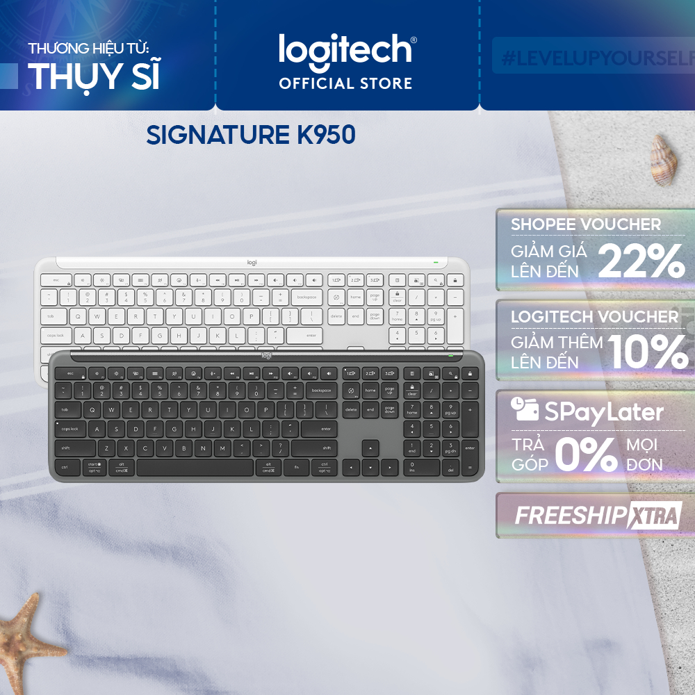 Bàn phím không dây Logitech K950 Signature Slim - Kết nối đa thiết bị, Gõ yên tĩnh, Bluetooth