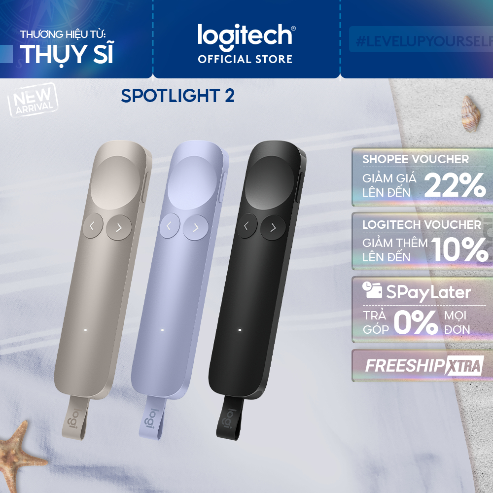 Thiết bị trình chiếu Logitech Spotlight 2 - Phản hồi xúc giác, tùy chỉnh, con trỏ laser, Sạc nhanh, 