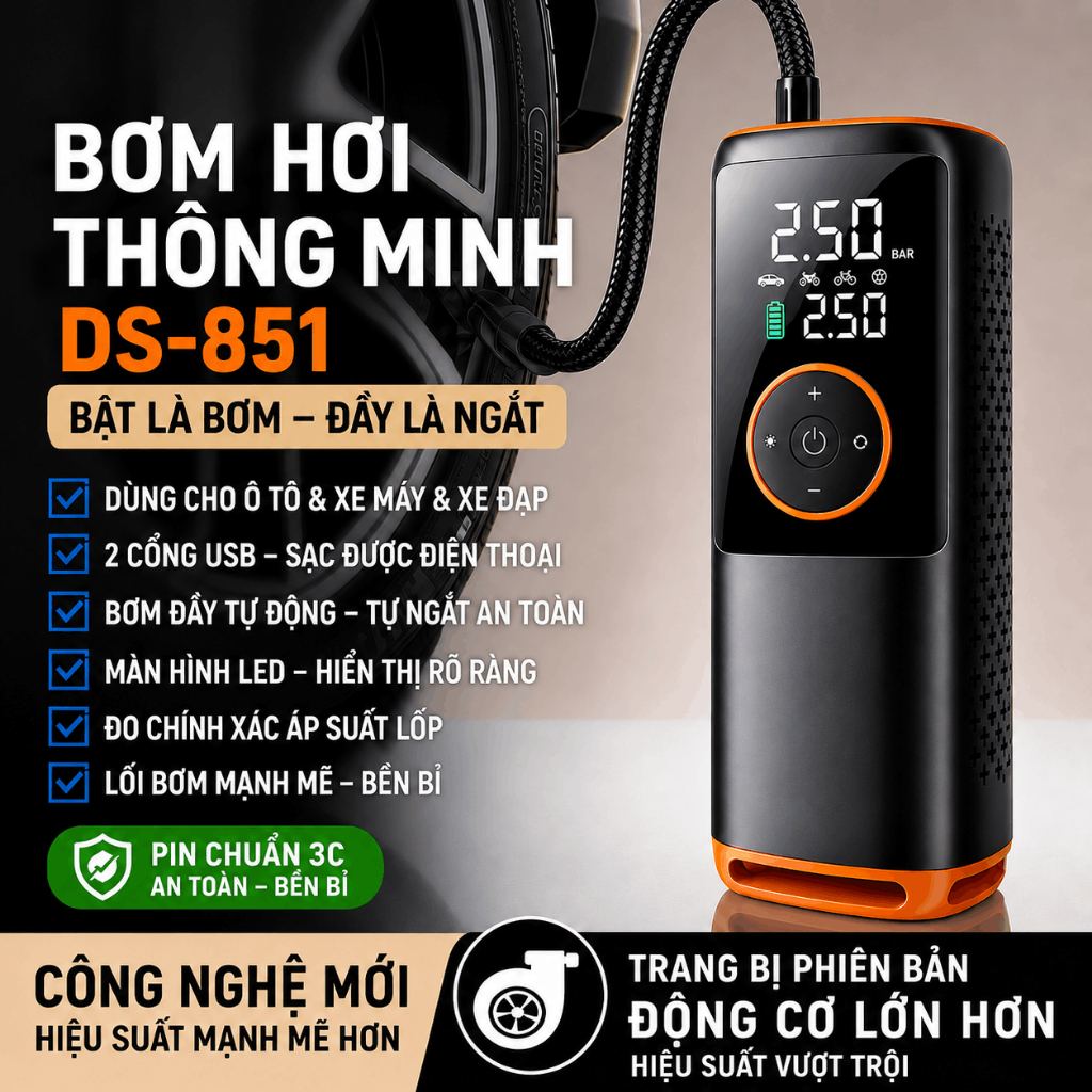 Máy Bơm Lốp Ô Tô Nội Địa Trung DS-851 Không Dây Nguồn Kép, 160PSI Tự Ngắt, Màn Hình LED.