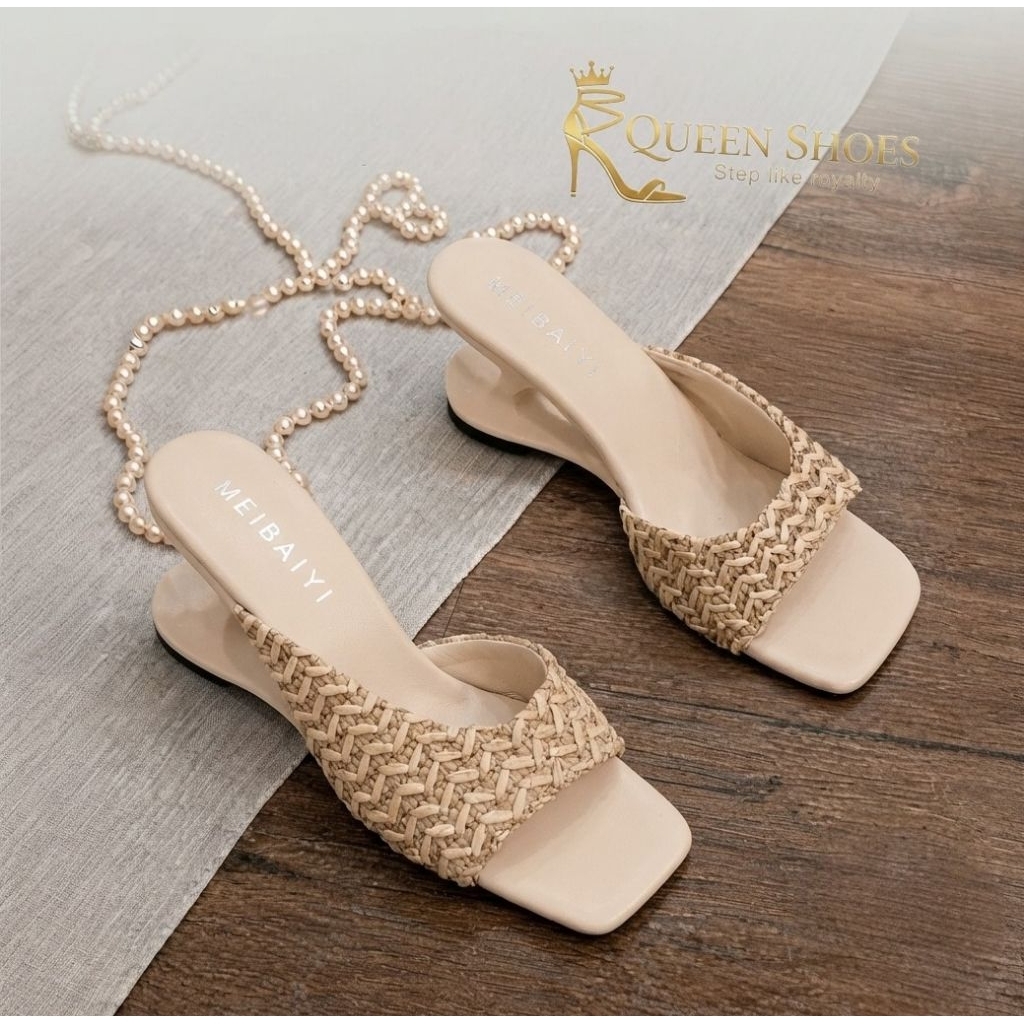Queen shoes- Guốc Nữ Mũi Vuông Cao 7cm, Quai Cói, Gót Xuồng Tim.