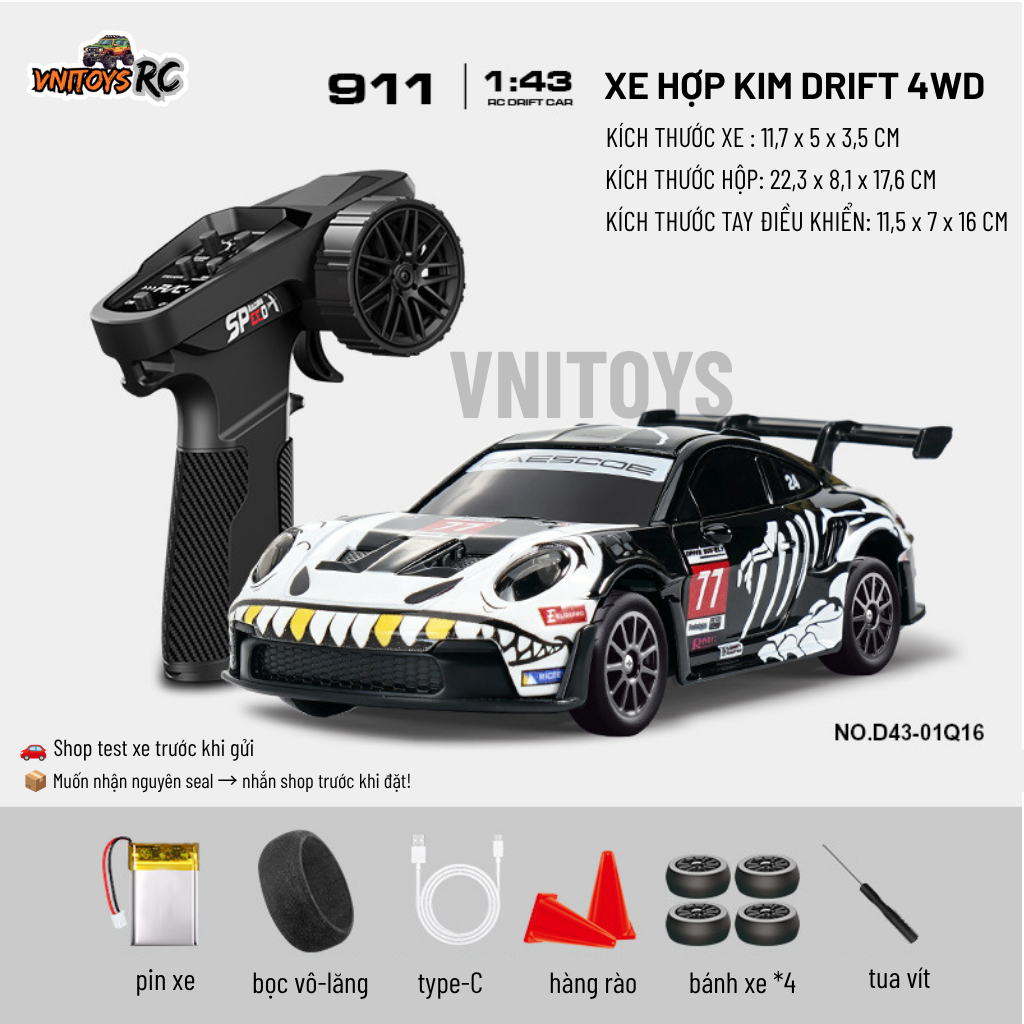 Xe Drift Hợp Kim D43 Tỉ Lệ 1:43 – RC 4WD Kim Loại, Đèn LED, Servo & Gyro, Xe Điều Khiển Từ Xa Mini C