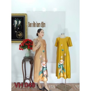 Đầm lụa VH048 in hoa 3D,thiết kế fom Suông che khuyết điểm bụng ,sang chảnh ,quý phái lịch lãm ,dành cho tuổi trung niên