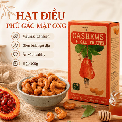 Hộp Hạt Điều Ăn Vặt Nam Xanh, Điều Sấy Phủ Gấc Mật Ong, Không Chất Bảo Quản, Hộp 100g