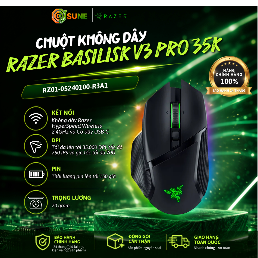 Chuột Gaming Razer Basilisk V3 Pro 35K Kết Nối 2.4Ghz Bluetooth Dây FOCUS PRO 35K DPI Led RGB Sune