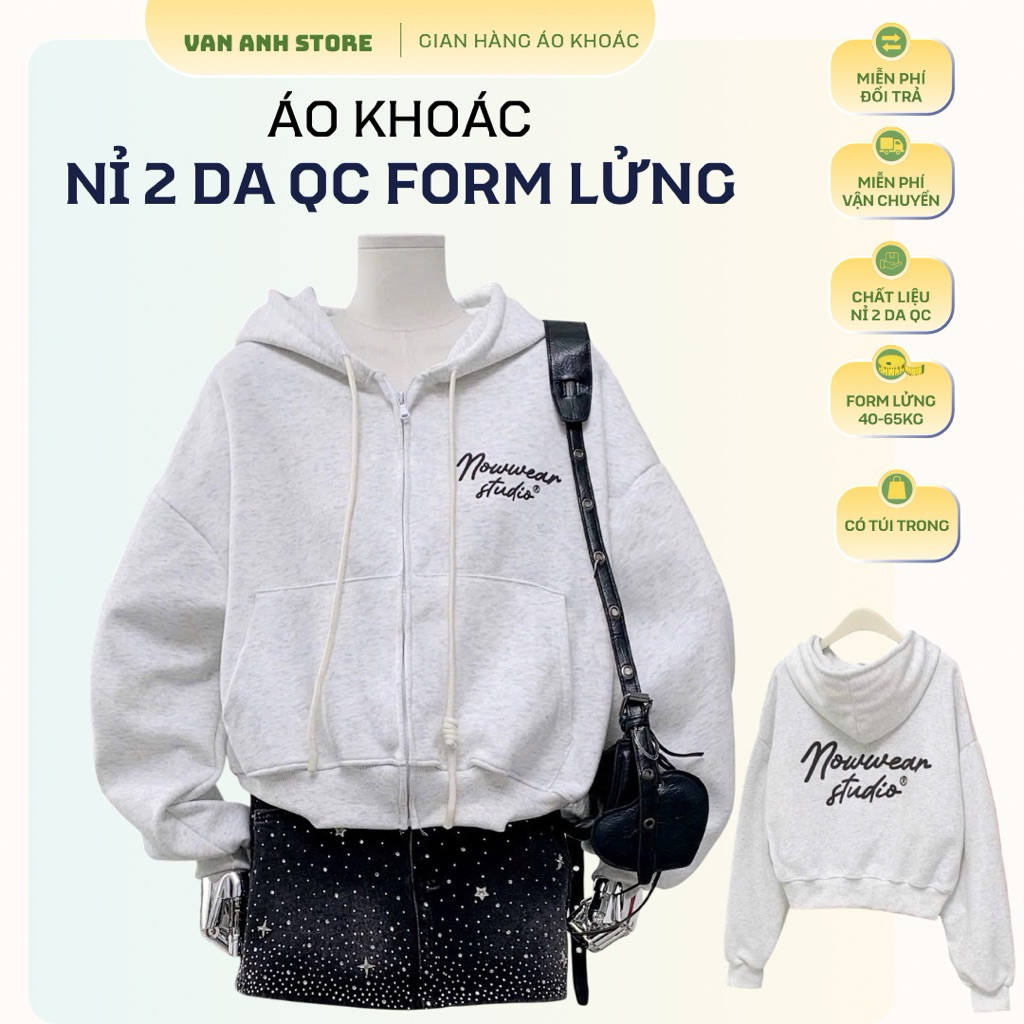 Áo Khoác Nỉ QC 2 Da Form Lửng In Nổi Nowwear Studio Áo Khoác Nữ Form Ngắn 35-60kg Vải Mềm Mịn Không 