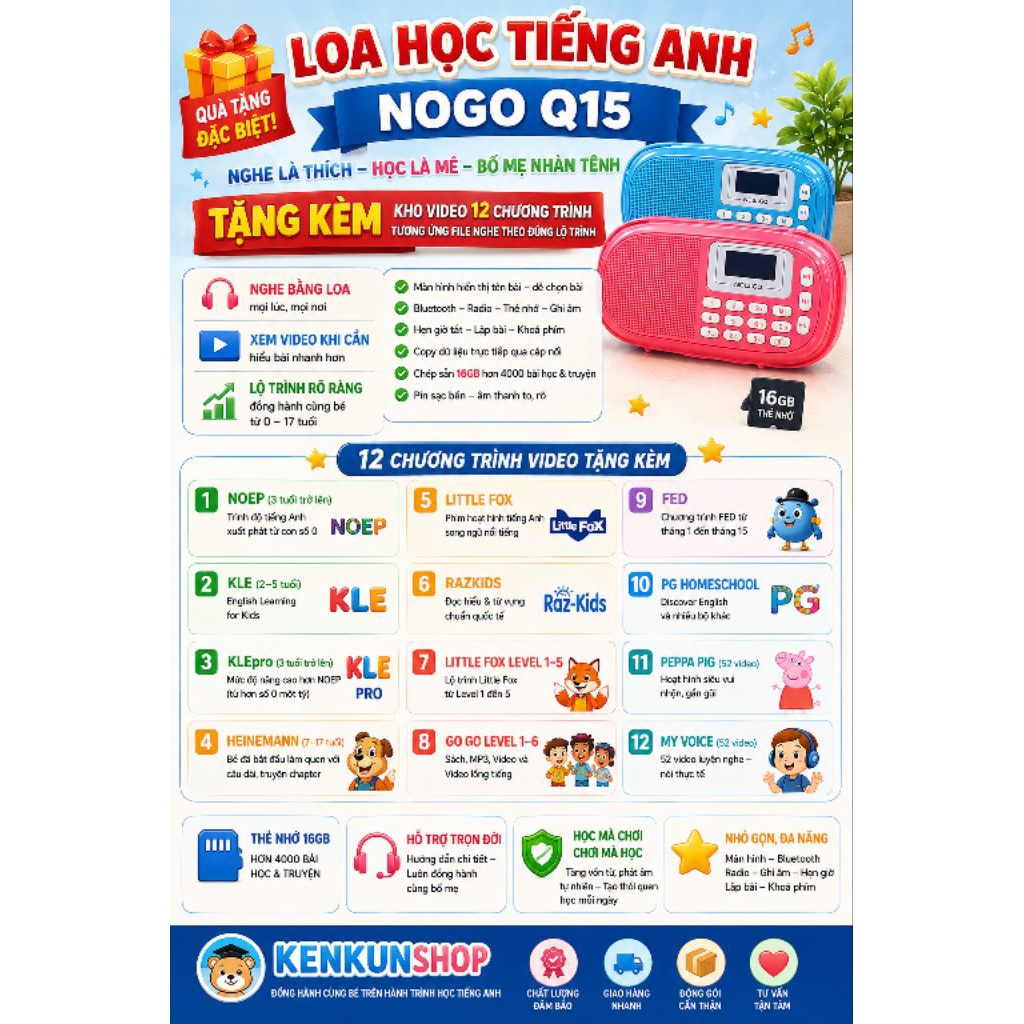 Loa Nogo Bluetooth kèm thẻ nhớ 16gb nhạc Tiếng Anh cho bé