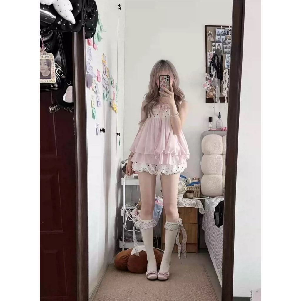 SET ÁO BABYDOLL VOAN HỒNG & QUẦN SHORT CHẤM BI