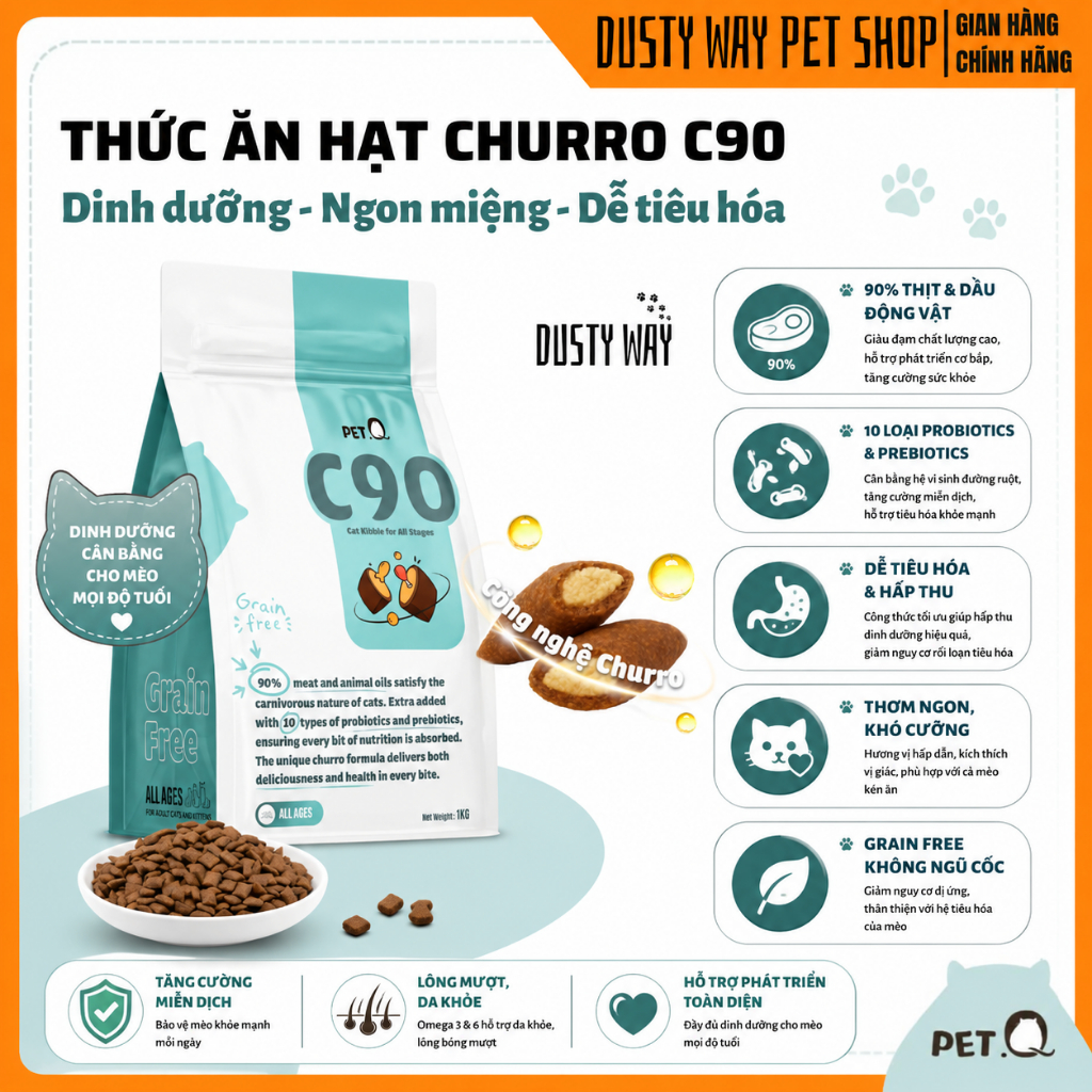 Thức Ăn Hạt Cho Mèo PetQ Hạt Churro C90