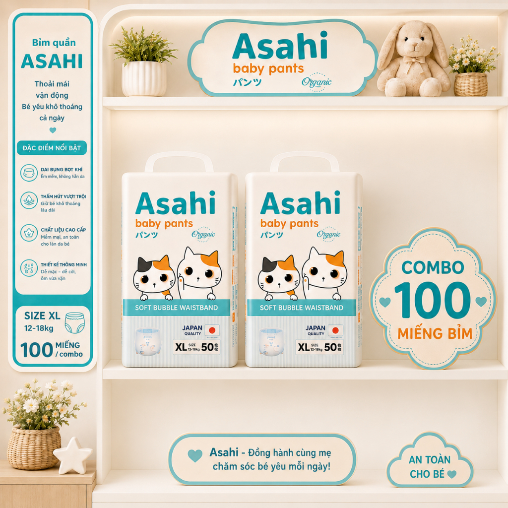 (Combo 100 miếng)Bỉm/tã quần Asahi loại nhiều mẫu, giá rẻ, mỏng nhẹ siêu thấm hút dành cho bé