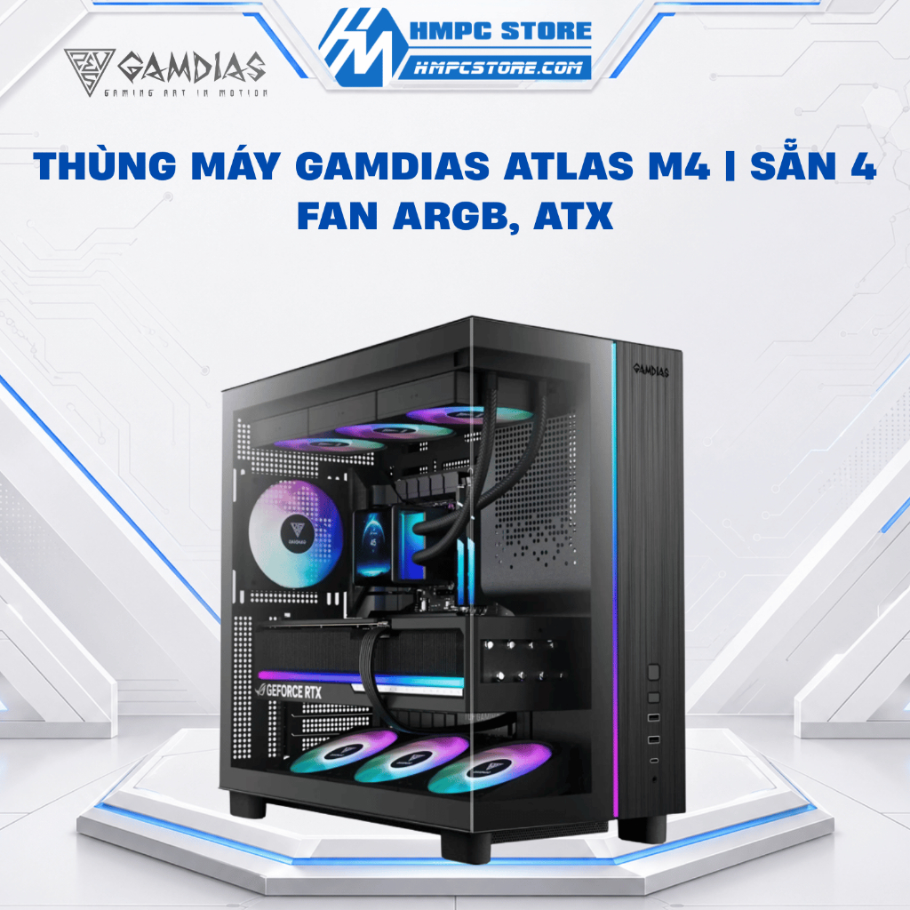 Case - Thùng máy Gamdias ATLAS M4 | Sẵn 4 fan ARGB, ATX, BH 1 năm