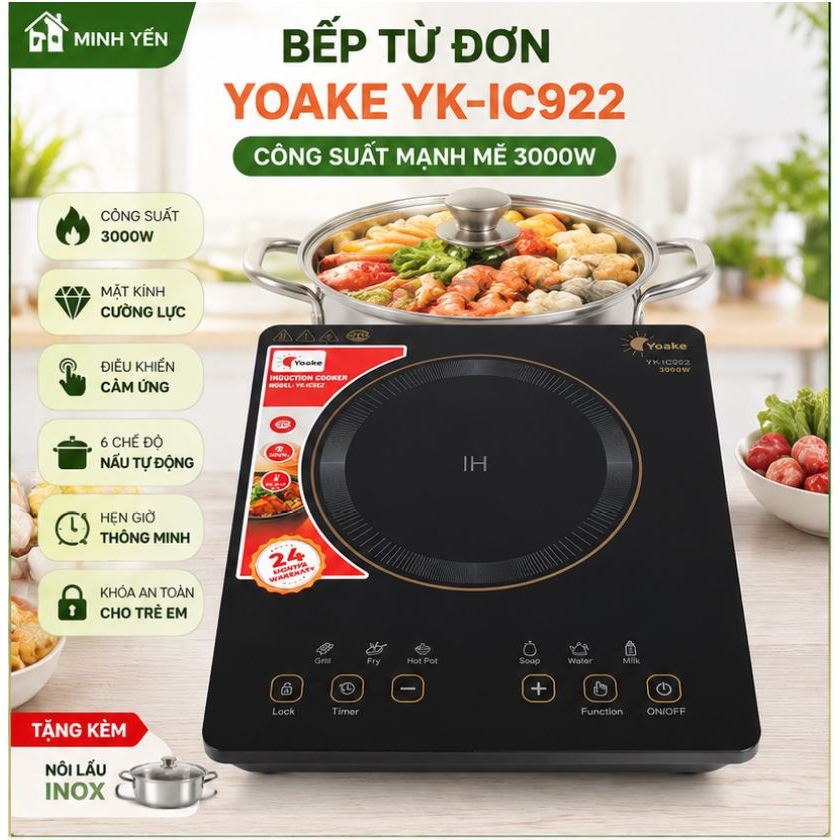 BẾP TỪ ĐƠN YOAKE YK-IC922 3000W TẶNG NỒI LẨU INOX – MẶT KÍNH CƯỜNG LỰC, CẢM ỨNG, BẢO HÀNH 24 THÁNG