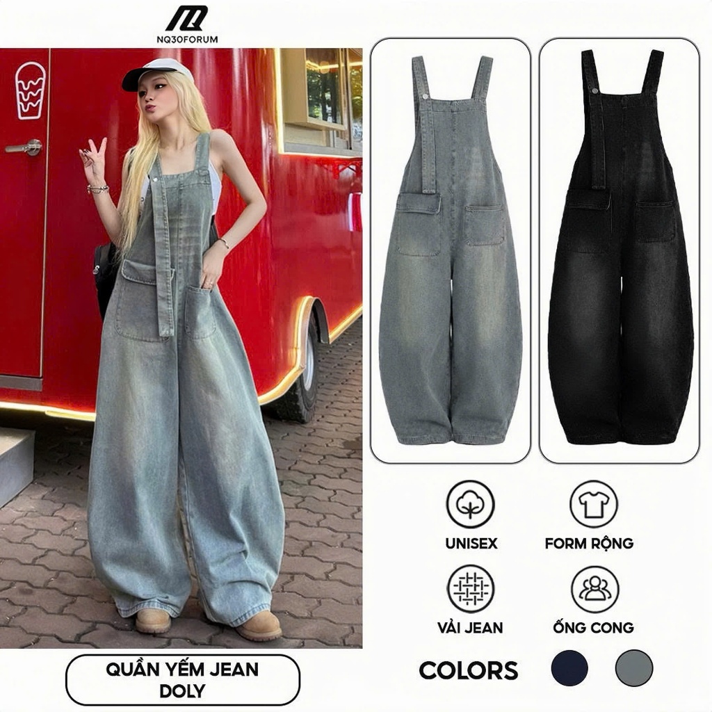 Quần Yếm Jeans PREMIUM Ống Rộng NQ30FORUM Nam Nữ Unisex