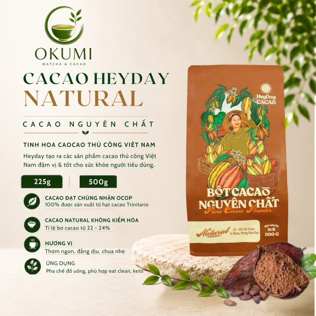 Bột Cacao Heyday Nguyên Chất 100% Không Đường - Dòng Natural Không Kiềm Hóa (Túi 225g, 500g)