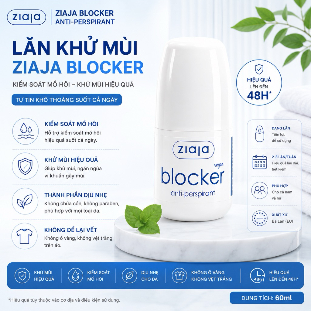 Lăn Khử Mùi Ziaja Blocker Anti-Perspirant 60ml Chính Hãng - Kiểm Soát Mồ Hôi, Khử Mùi Hiệu Quả, Khôn