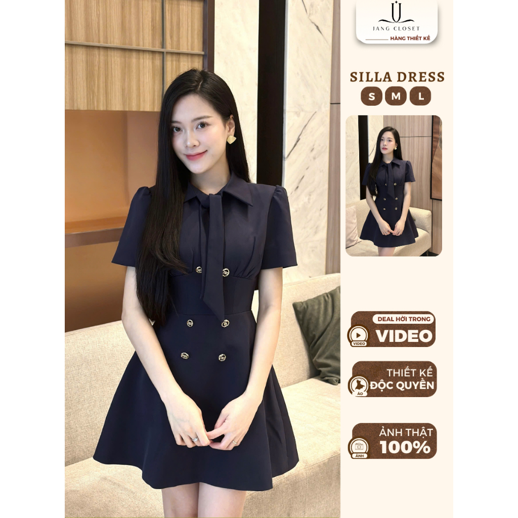 [JANG CLOSET] Váy đầm nữ thiết kế tiểu thư màu xanh than thiết kế cổ bèo phối tay phồng SILLA DRESS 