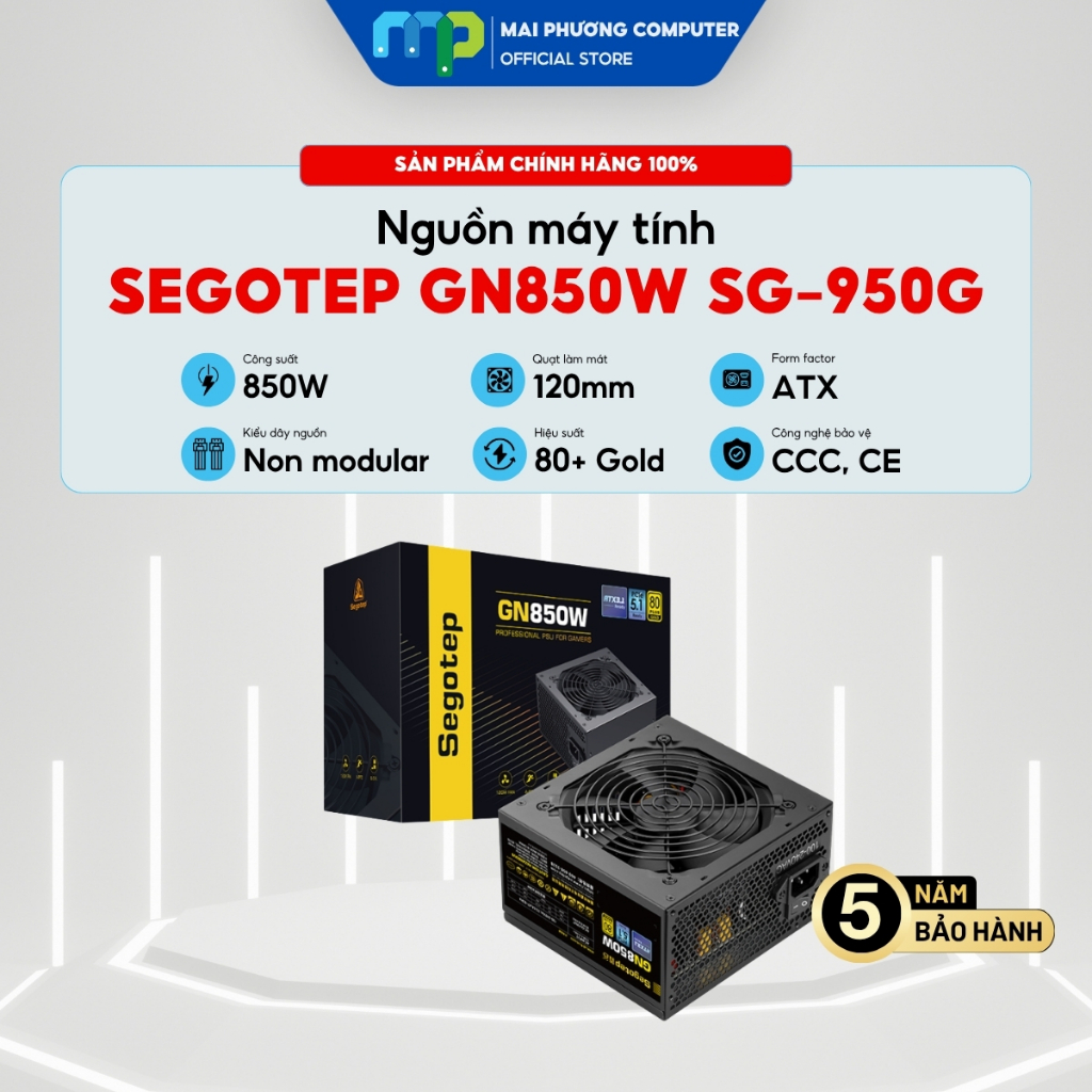 Nguồn máy tính Segotep SG-950G GN850W - 80 Plus Gold - PCIE 5.1 - Non Modular - Bảo hành 60 tháng