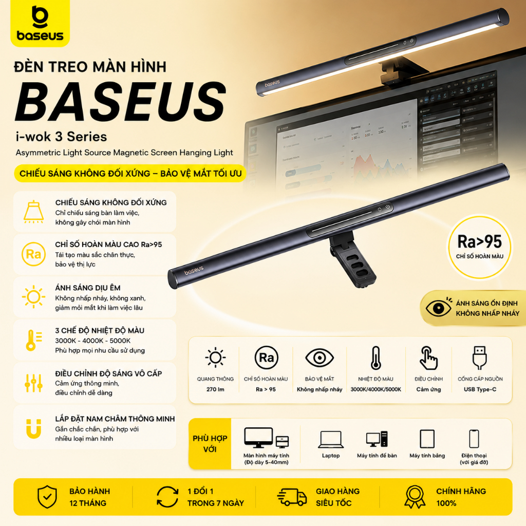 Đèn Treo Màn Hình Máy Tính Baseus i-Wok 3 Series Ánh Sáng Chuẩn Ra>95