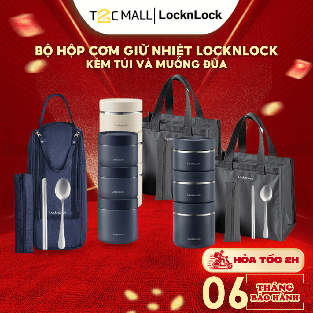 Bộ Hộp Cơm Giữ Nhiệt Văn Phòng LocknLock Lunch Box 3 Ngăn Túi Thìa Đũa LLHC8052S01 LHC8052S02 T2C