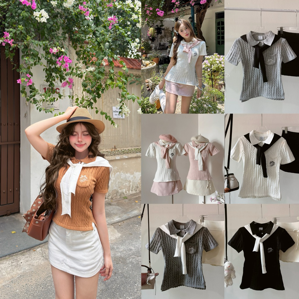 [ CÓ SẴN - TẶNG KÈM KHĂN ] LUCIE TOP - ÁO POLO LEN ÔM DÁNG THÊU LOGO SWEATER.DAOATHU KÈM KHĂN CHOÀNG