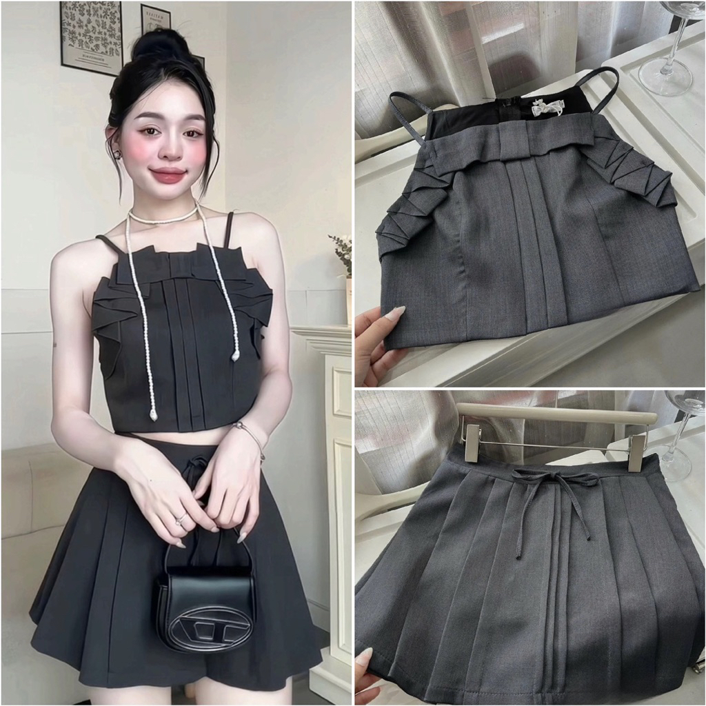 [Sale] Set Áo Croptop 2 Dây Mix Chân Váy Ngắn Xếp Ly - Ảnh Thật Chính Chủ PTP STORE