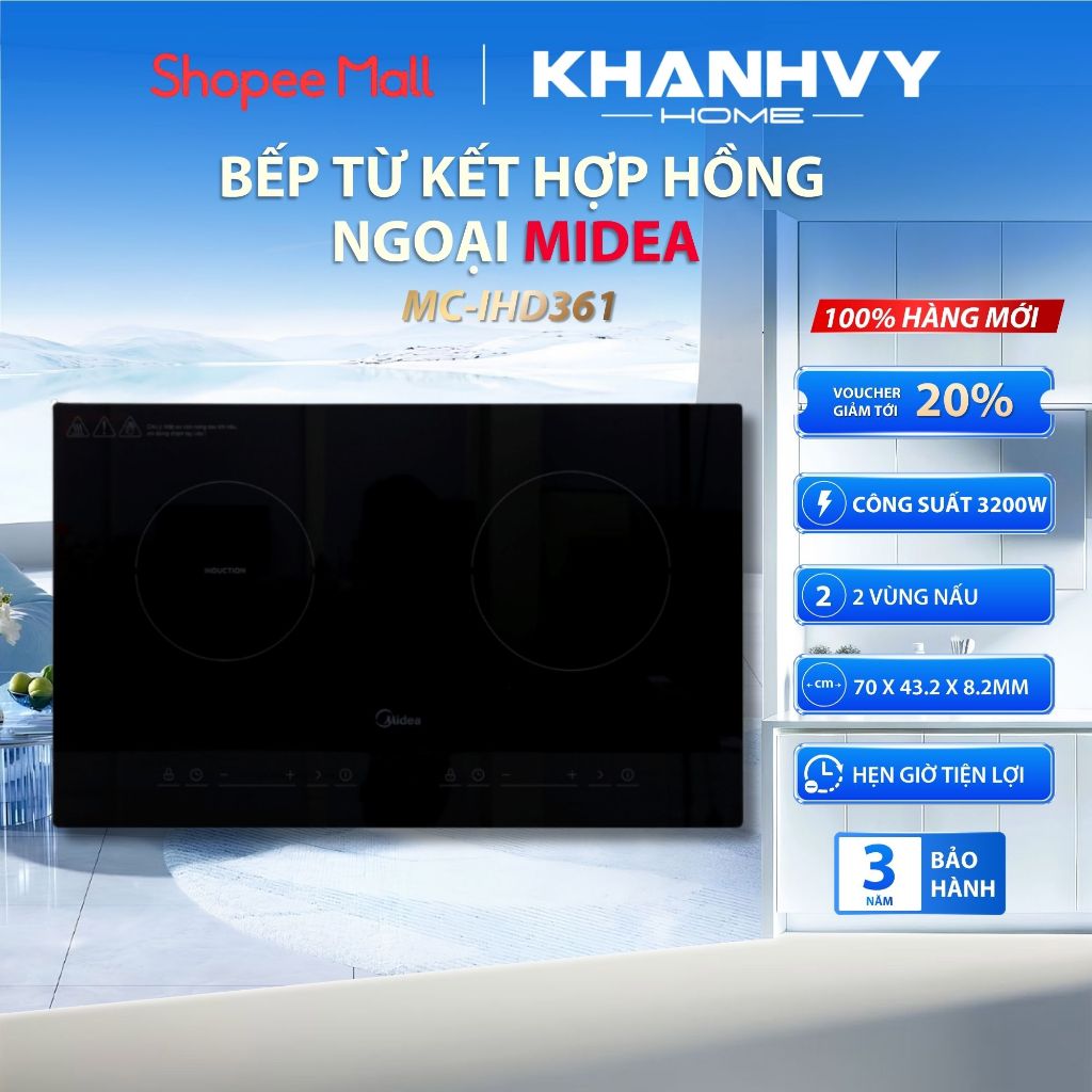 Bếp Điện Từ Đôi Midea MC-IHD361 - 3200W - Kính Kanger - Lắp Âm & Lắp Dương - Từ Kết Hợp Hồng Ngoại |