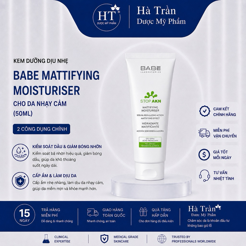 Kem Dưỡng Babe Cho Da Dầu Mụn Stop AKN Mattifying Moisturiser| Kem Dưỡng Phục Hồi Da Babe Stop AKN R