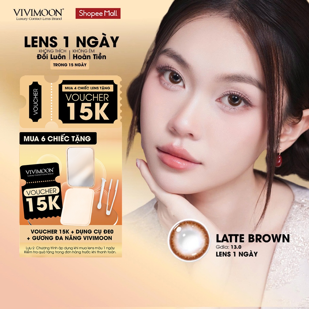 VIVIMOON lens cận 1 ngày VIVIMOON khóa ẩm màu nâu tự nhiên Latte Brown (Giá 01 chiếc/01 bên mắt)