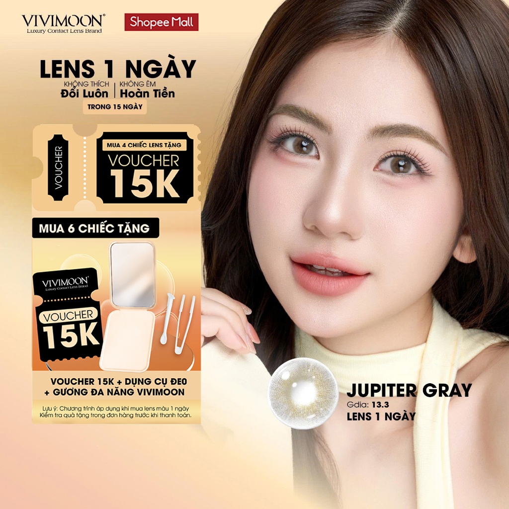 VIVIMOON lens cận 1 ngày khóa ẩm màu xám pha ánh vàng Jupiter Gray (Giá 01 chiếc/01 bên mắt)