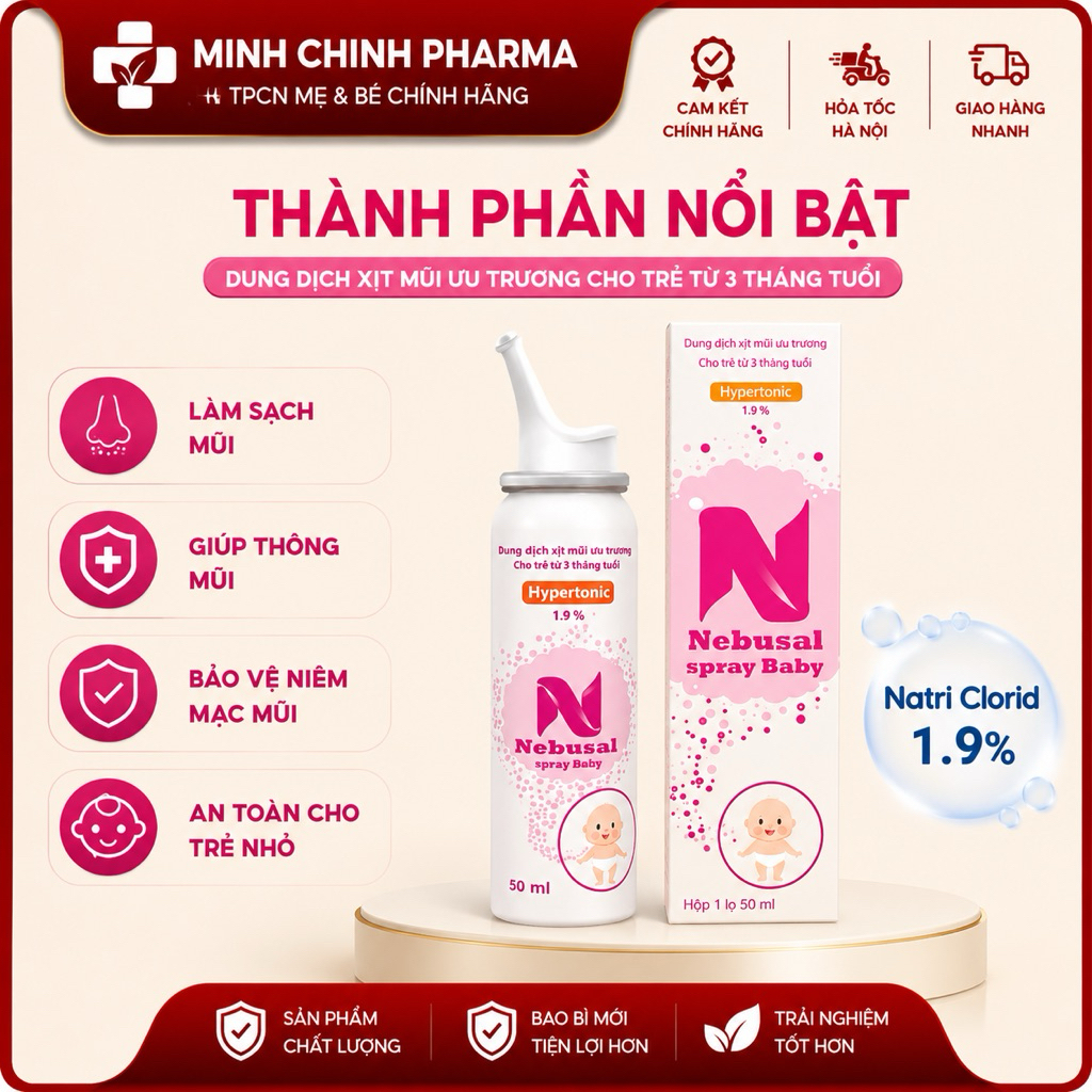 Xịt mũi Nước muối Ưu trương Nebusal 1,9%Giảm nghẹt mũi, sổ mũi, viêm mũi cho bé trên 3 tháng