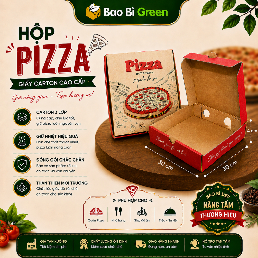 Combo 100 Hộp Đựng Pizza In Sẵn Size 30x30x4 , Hộp Piza Cứng Cáp, Dày Dặn, Thân Thiện Với Môi Trường