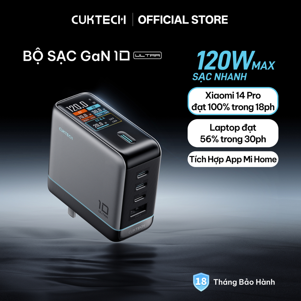 Củ Sạc Nhanh CUKTECH GaN 120W 4 Cổng Điều Khiển App Mi Home Cho Laptop/iP 17/16/15 Pro Max/Xiaomi 17