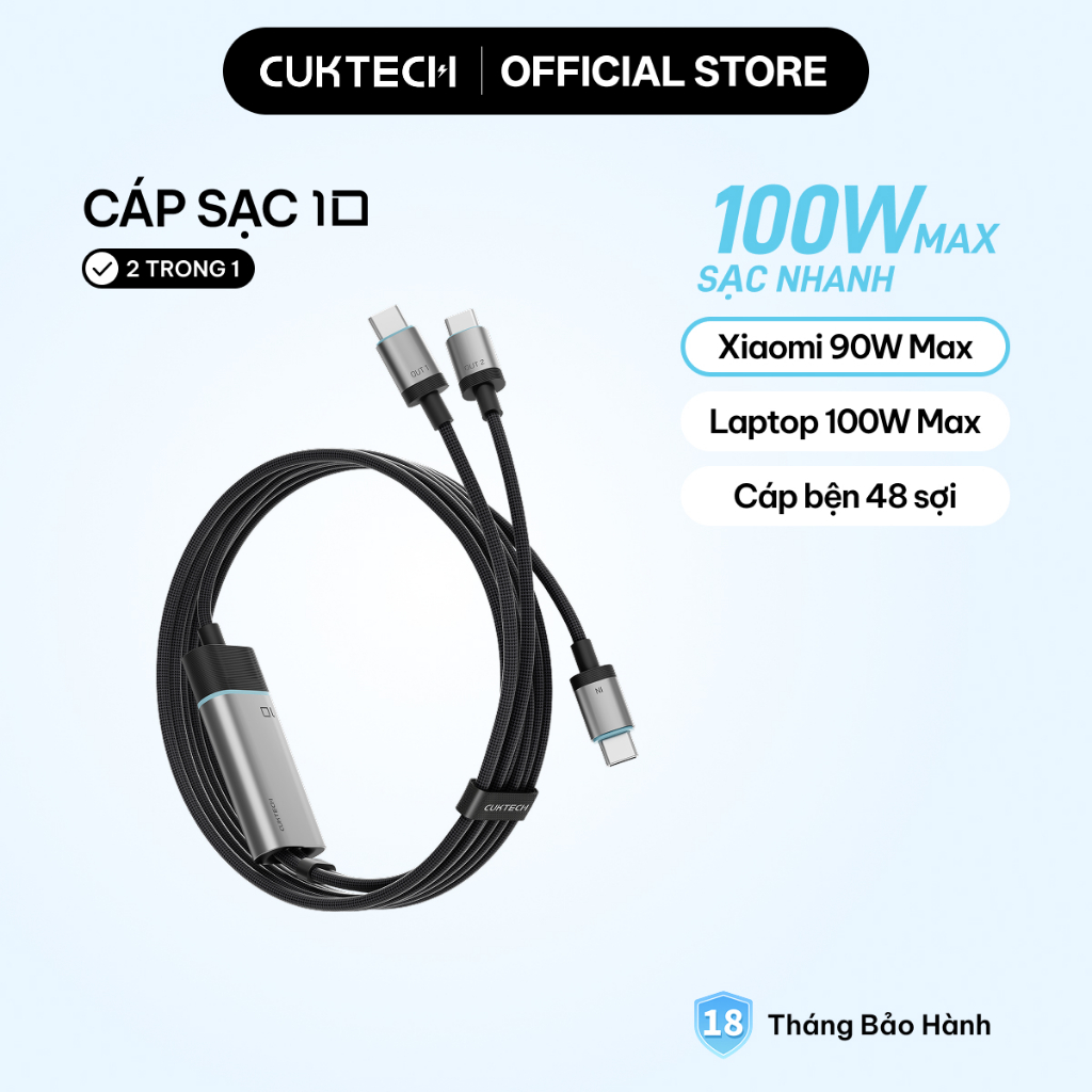 CUKTECH Cáp Sạc Nhanh 2 trong 1 Type-C to Type-C+Type-C 100W Max Laptop 100W Xiaomi 90W Max Samsung 
