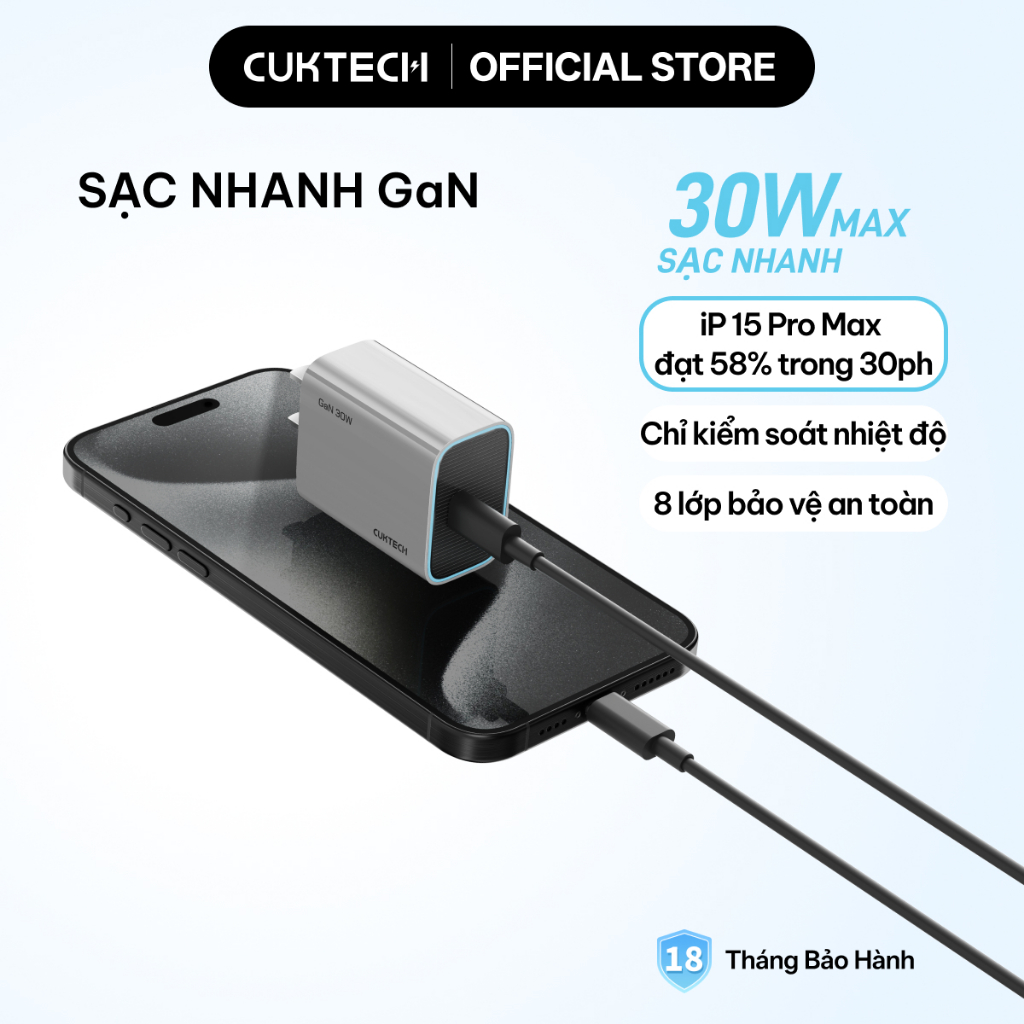 Củ Sạc Nhanh CUKTECH GaN 30W Mini Nhỏ Gọn Tương Thích 20W Cho iP 17/16/15/iPad/Samsung S26/Xiaomi 17