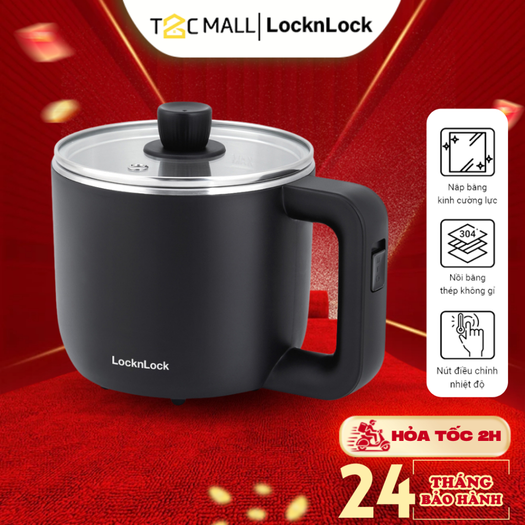 Nồi điện đa năng LocknLock 0.8L Kèm Khay Hấp Trứng, nồi lẩu mini, nấu mì EJP116BLK T2C